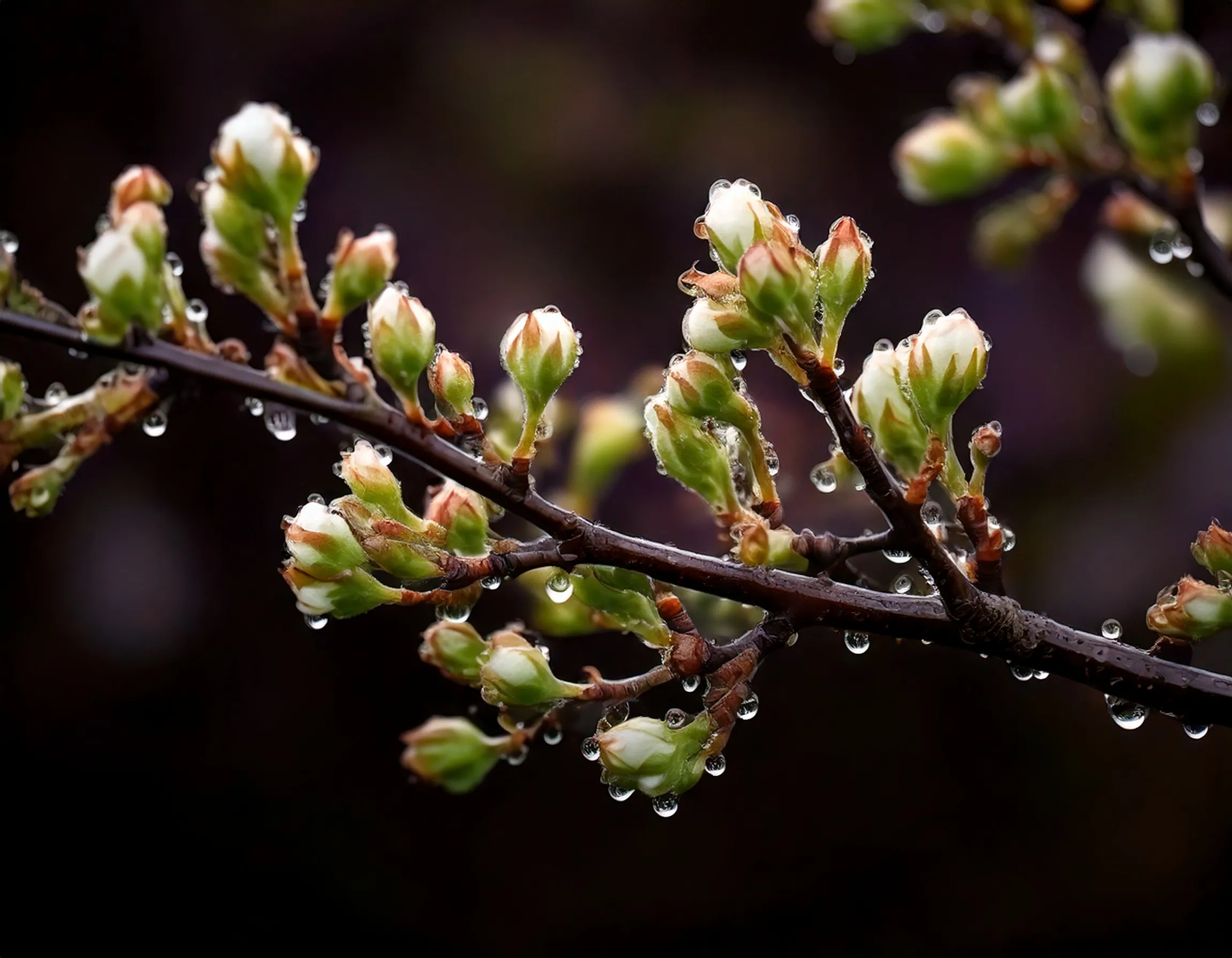 Primavera ramo con boccioli di fiore che devono ancora sbocciare con anche gocce di acqua 74259