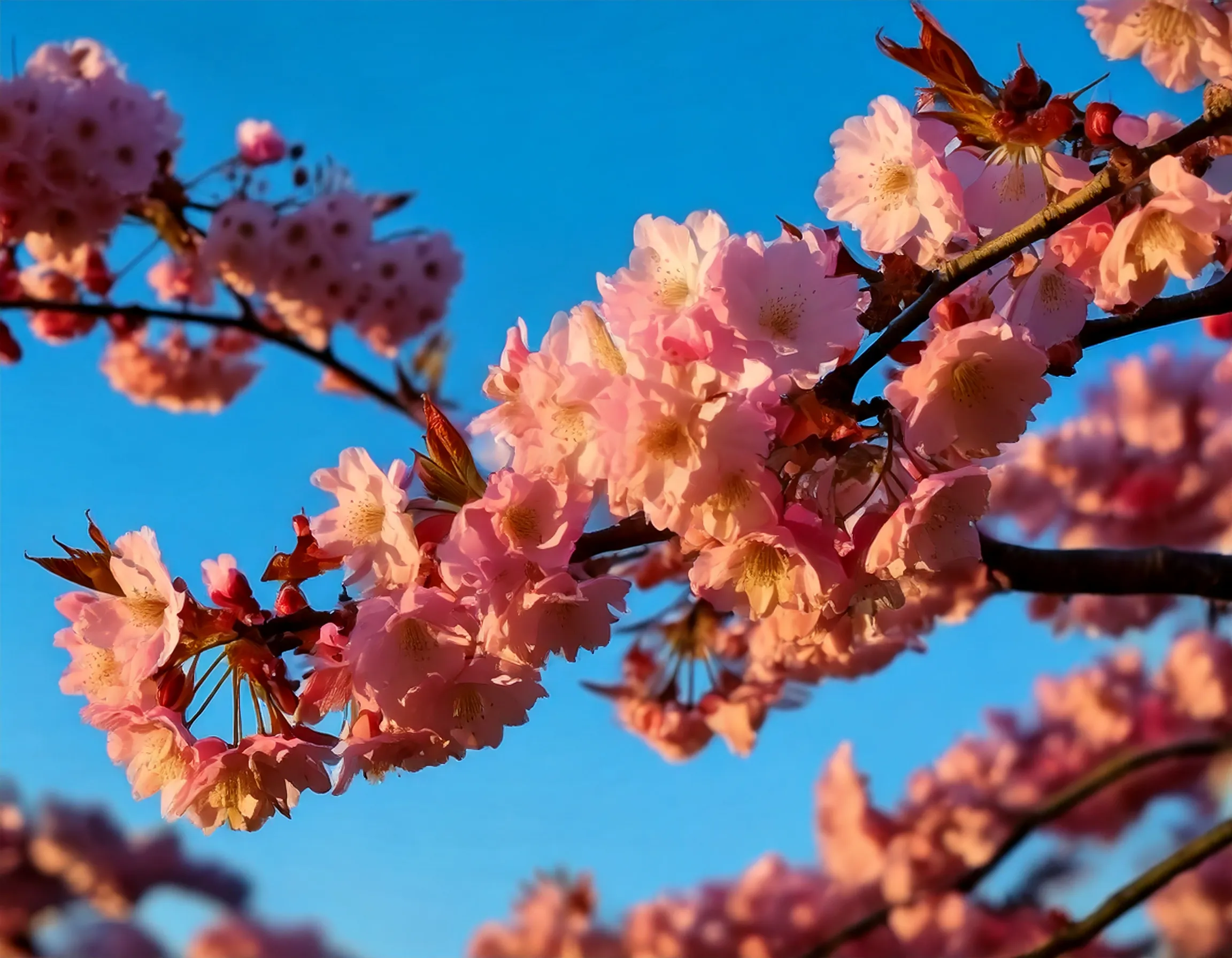 Primavera ramo con fiori ci ciliegio rosa e cielo sullo sfondo focus su un piccolo gruppo 31619