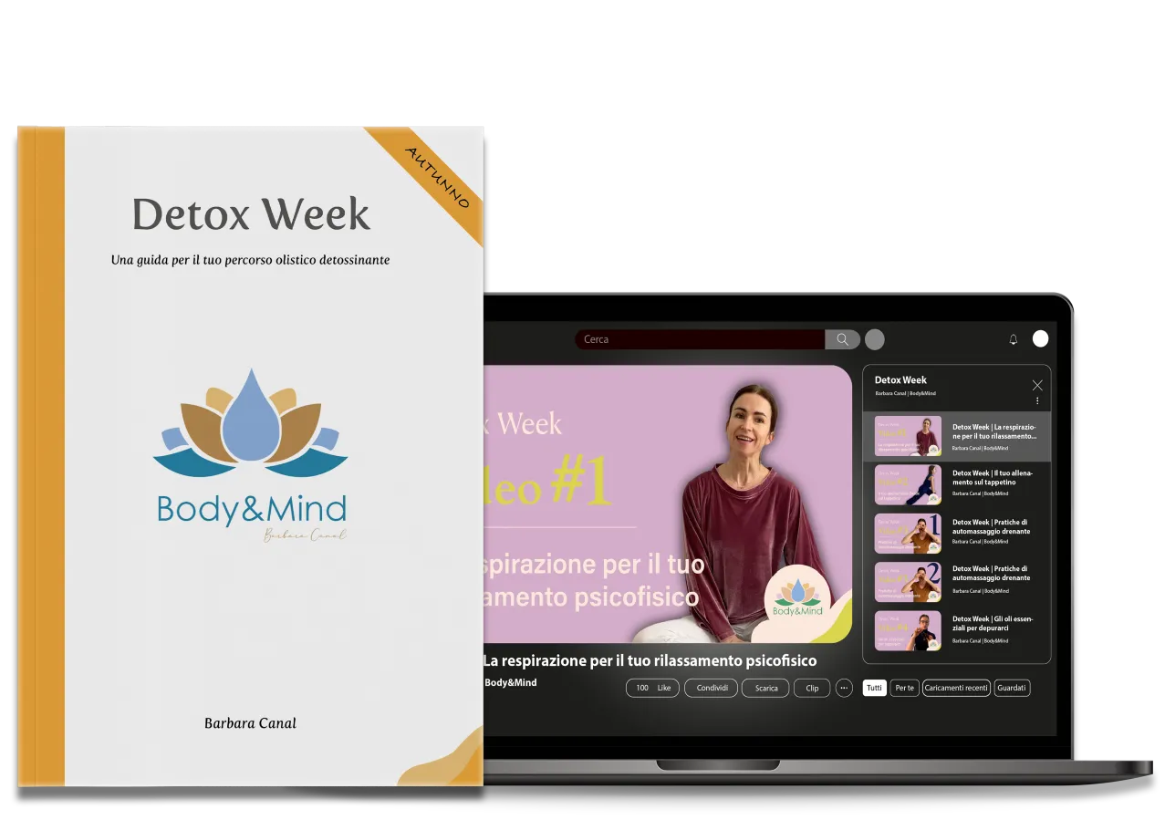 La guida PDF Detox Week Autunno e una videolezione aperta su un portatile